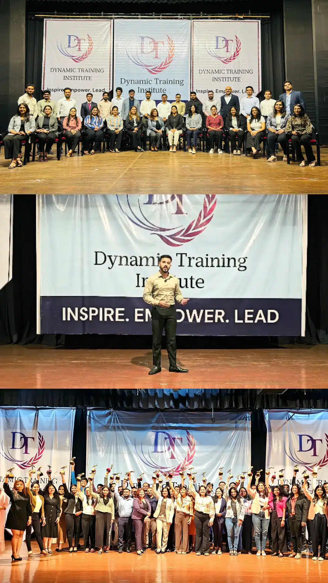 Powerful Presentation and Confident Communication batches at Dynamic Training Institute: a batch group photo, a participant speaking on stage, and graduates raising their trophies