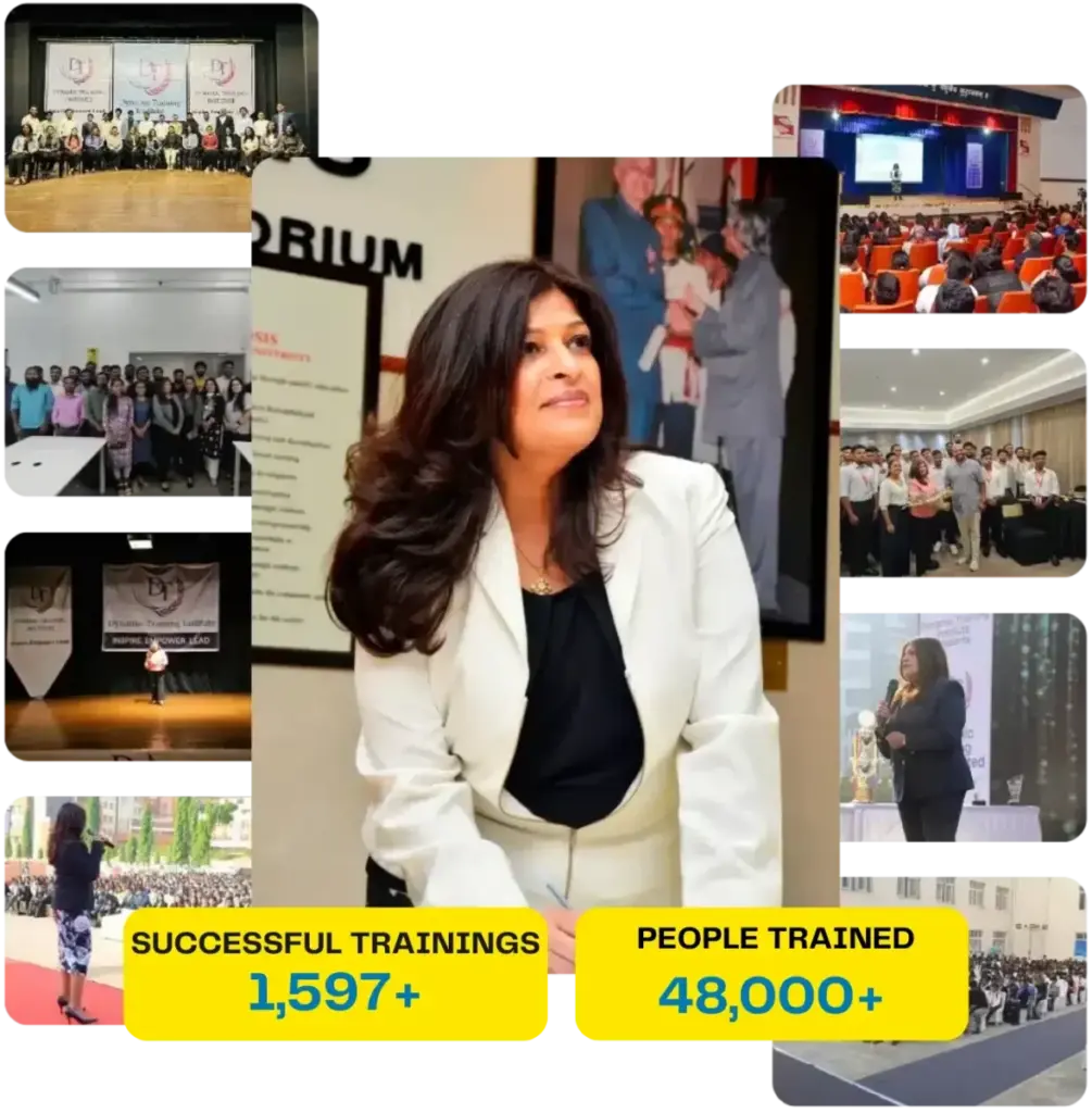 Tina Shah surrounded by photographs of her training sessions and audiences, with two figures: 1,597+ successful trainings and 48,000+ people trained