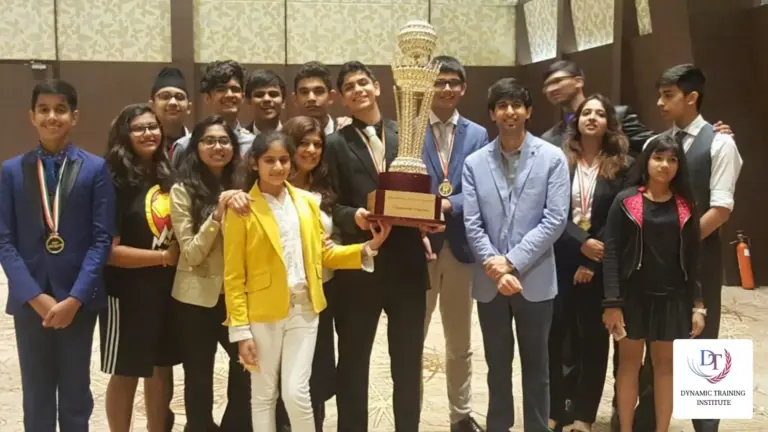 Students in formal clothes celebrating with a trophy and medals